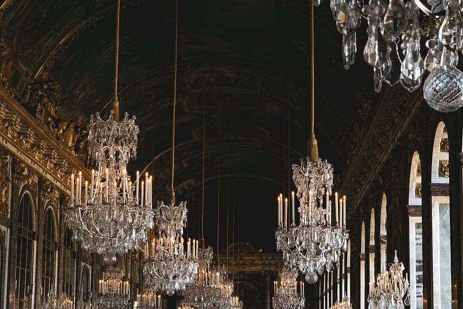 lamp, chandelier, france, louvre, paris, lights, crystal, room, HD wallpaper