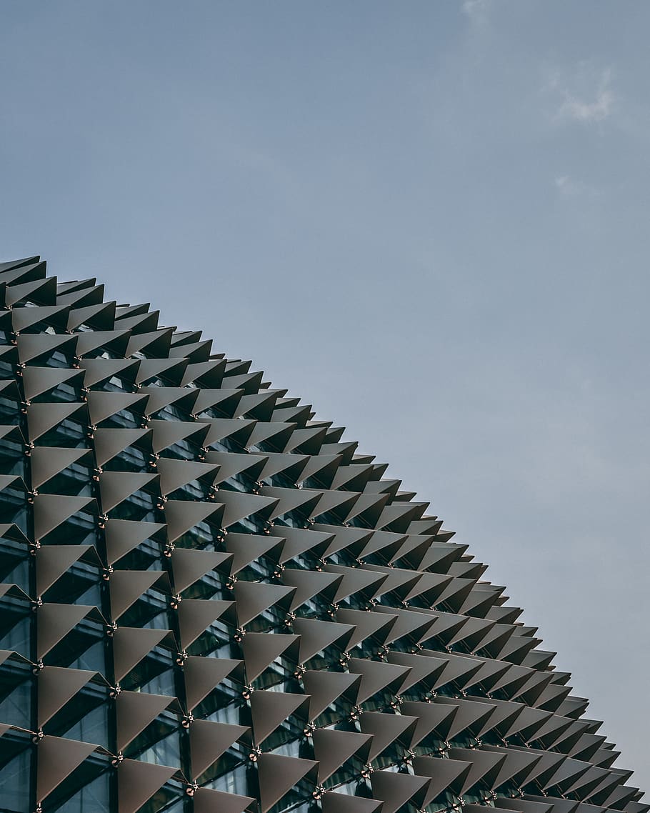 gray spiky building, triangle, architecture, sky, roof, exterior HD wallpaper