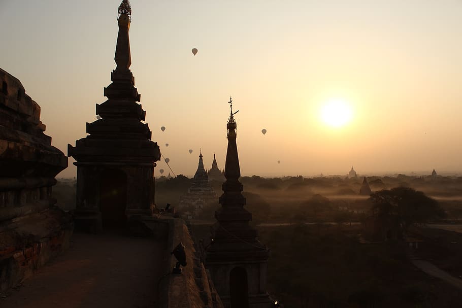 fog, bagan, sunrise, built structure, architecture, sky, sunset HD wallpaper
