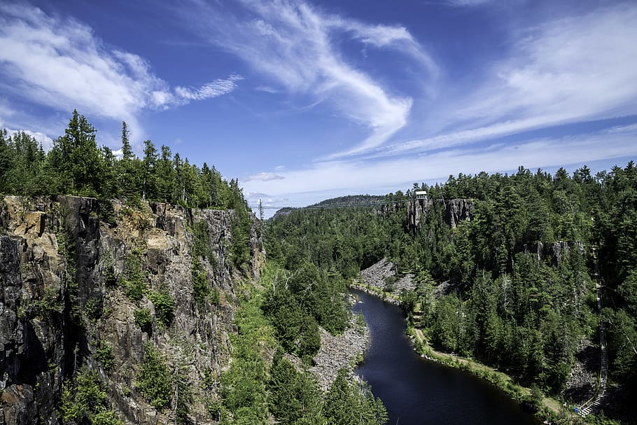 Landscape Photography of River and Trees Under Blue Sky, bridge HD wallpaper