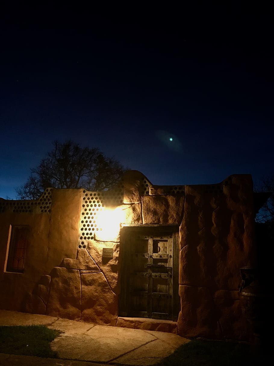 night, light, adobe, doors, architecture, sky, building exterior HD wallpaper