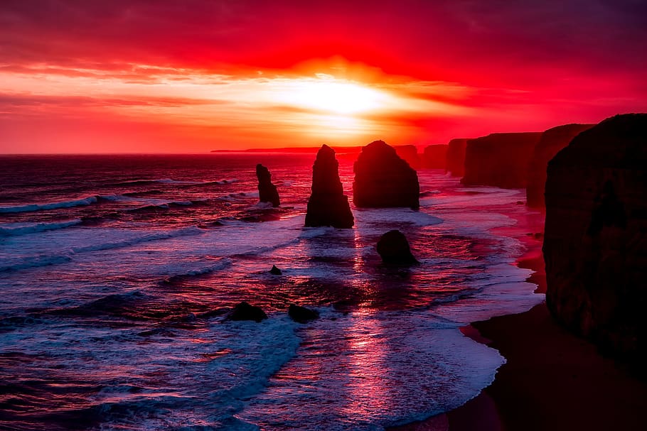 Stone Fragments in Body of Water, beach, beautiful, clouds, coastline HD wallpaper
