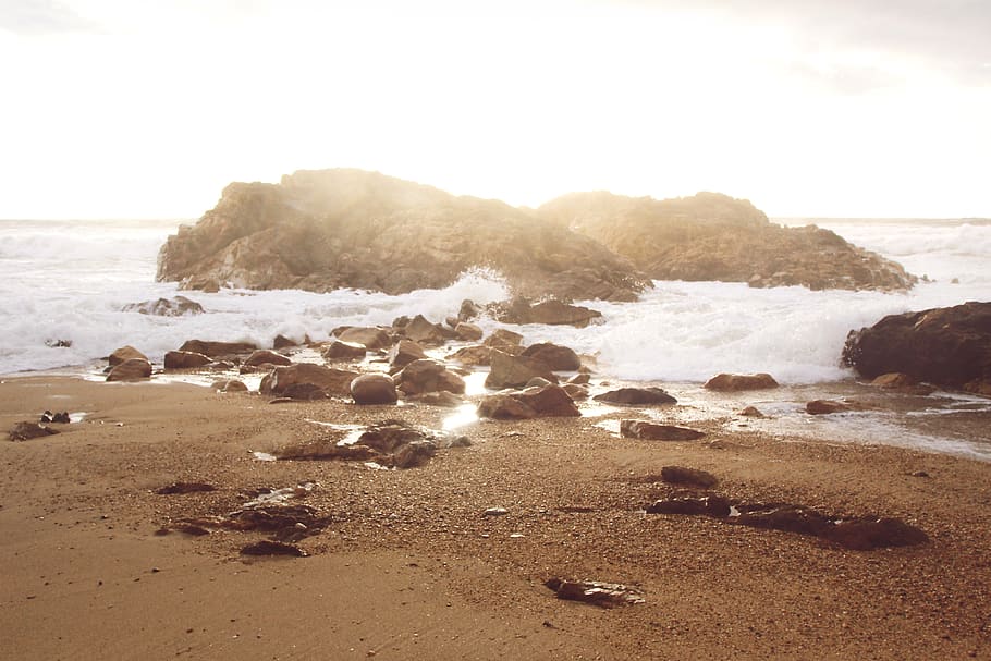 Seashore With Rocks, beach, nature, ocean, sand, seascape, waves HD wallpaper