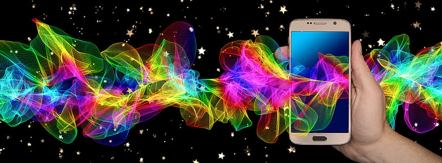 mobile phone, smartphone, hand, particles, wave, color, colorful HD wallpaper
