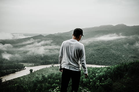 Photo of Man Standing at the Edge of a Cliff, back view, calm HD wallpaper