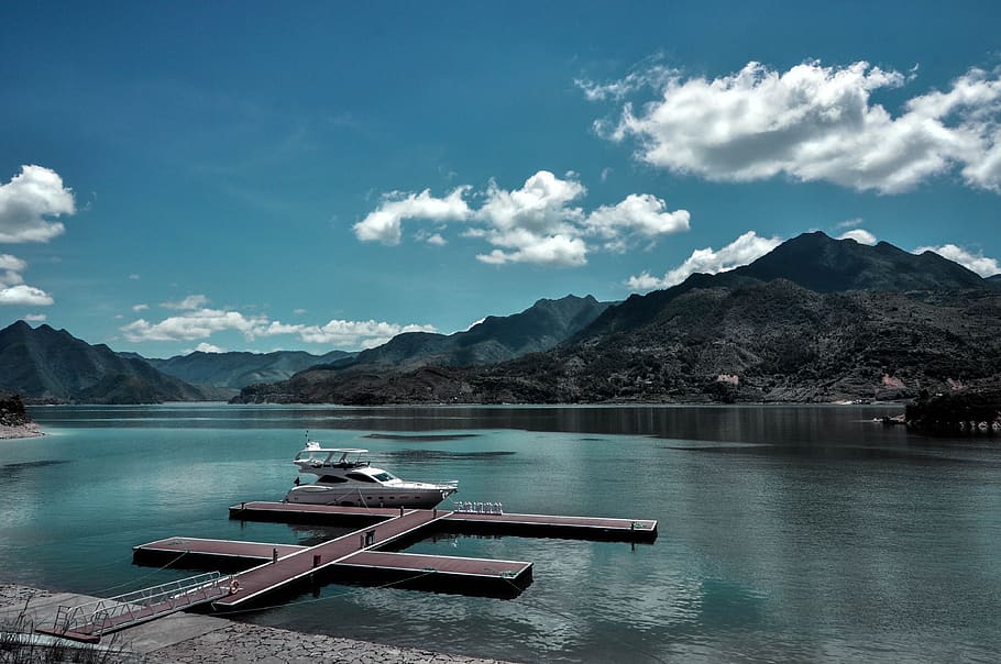 lake, hill, mountain, nautical vessel, cloud - sky, water, scenics - nature HD wallpaper