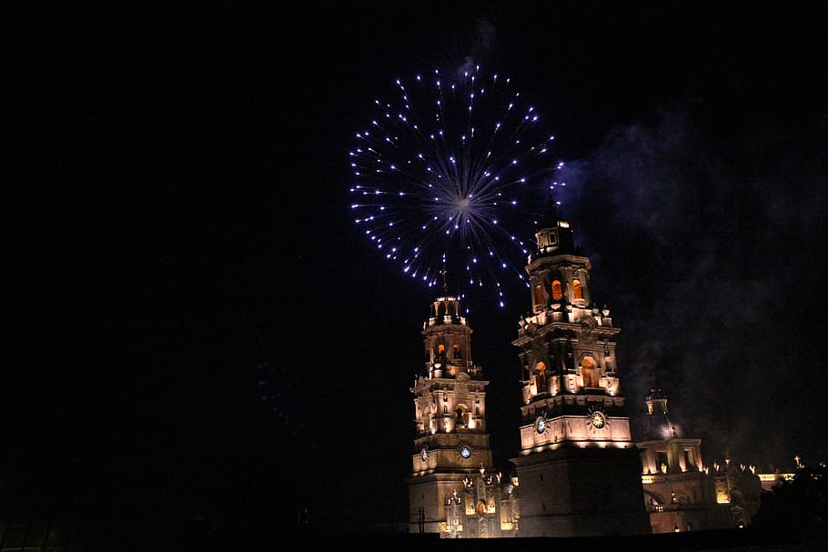 mexico, morelia, catedral, light, old, night, nightlife, firework HD wallpaper