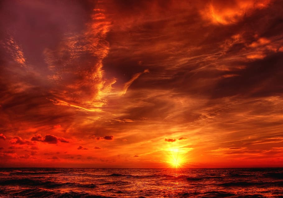 Body of Water during Sunset, beach, clouds, cloudy, coast, dramatic HD wallpaper