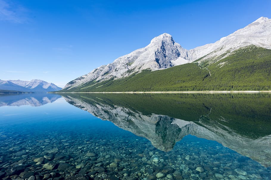 lake, reflection, nature, landscape, blue, sky, rocks, rockies HD wallpaper