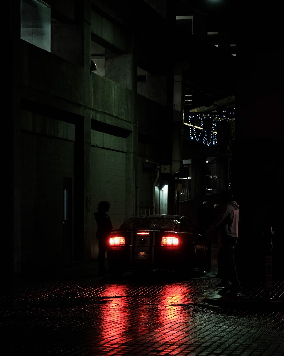person standing beside car, silhouette, shadow, light, night HD wallpaper