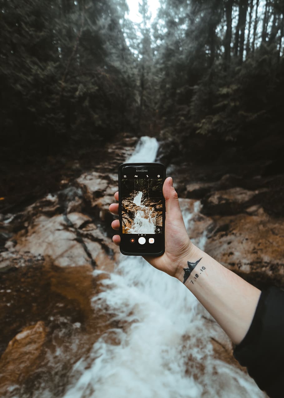 phone, hand, tattoo, tech, technology, app, taking photo, waterfall, HD wallpaper