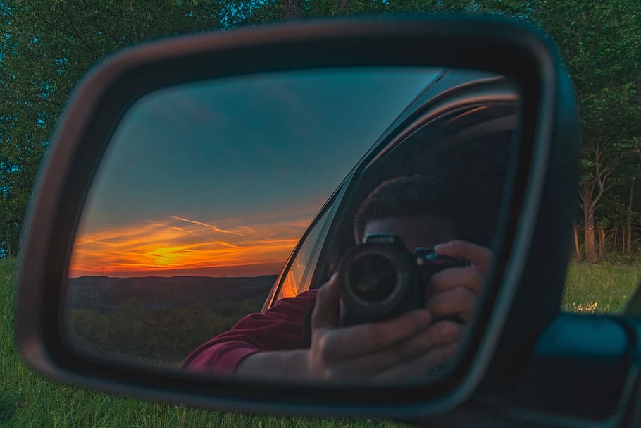 sunsets, depth, layers, lit, trees, woods, car, cars, selfie HD wallpaper
