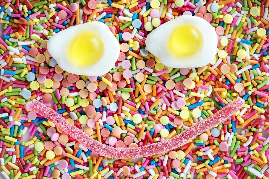 Fried Egg and Candy Forms Smiley, assorted, background, bright HD wallpaper