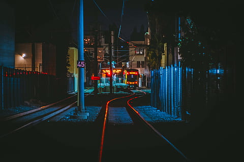 train, rail, light, night, neon, illuminated, architecture HD wallpaper