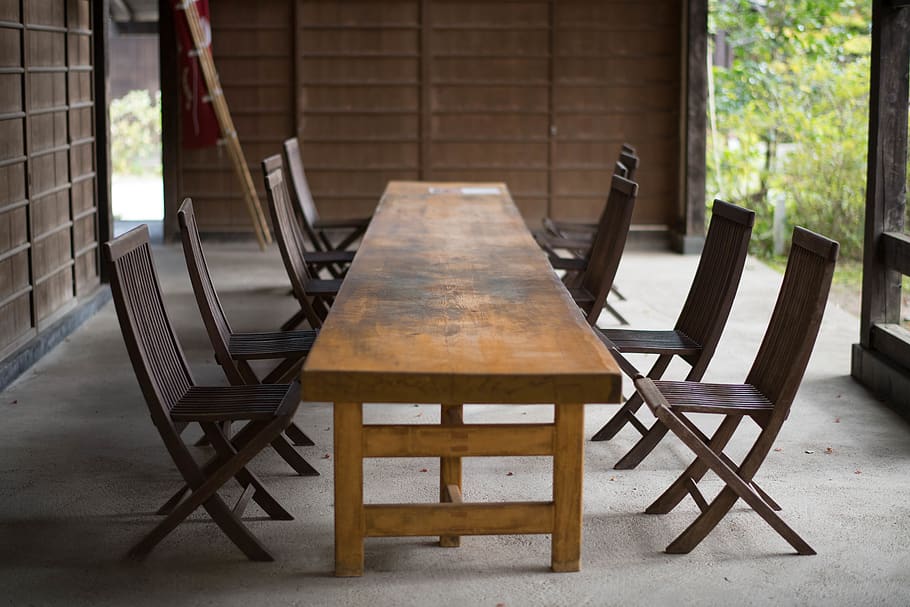 rectangular brown wooden 9-piece dining set, furniture, chair HD wallpaper