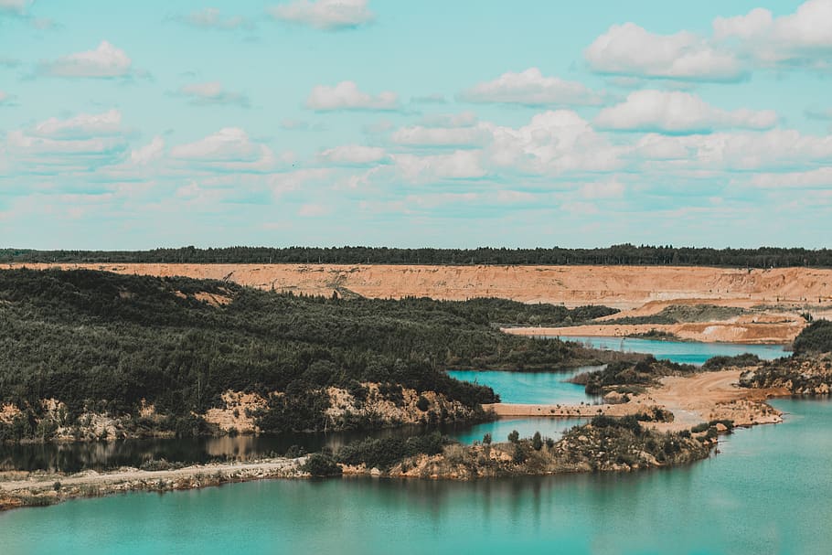 Aerial Photo of Forest Beside Water, blue sky, clouds, daylight HD wallpaper