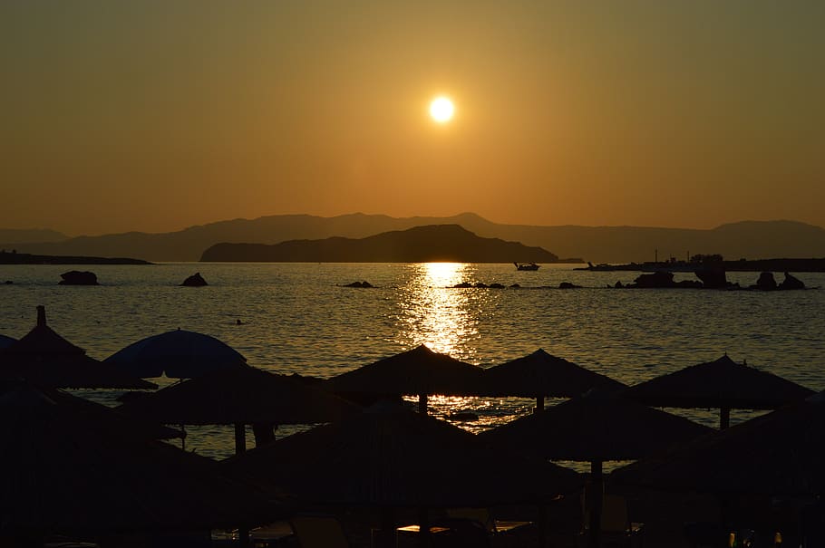sunset, beach, sundown, evening, holiday, vacation, greece HD wallpaper