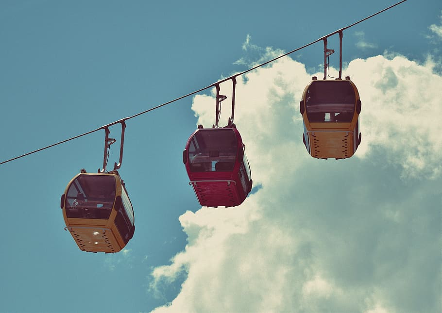 Cable Car, air, blue sky, bright, cable cars, clouds, color, day, HD wallpaper