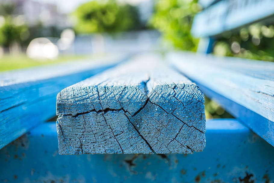 bench, macro, blue, nature, vision, blur, garden, focus on foreground HD wallpaper