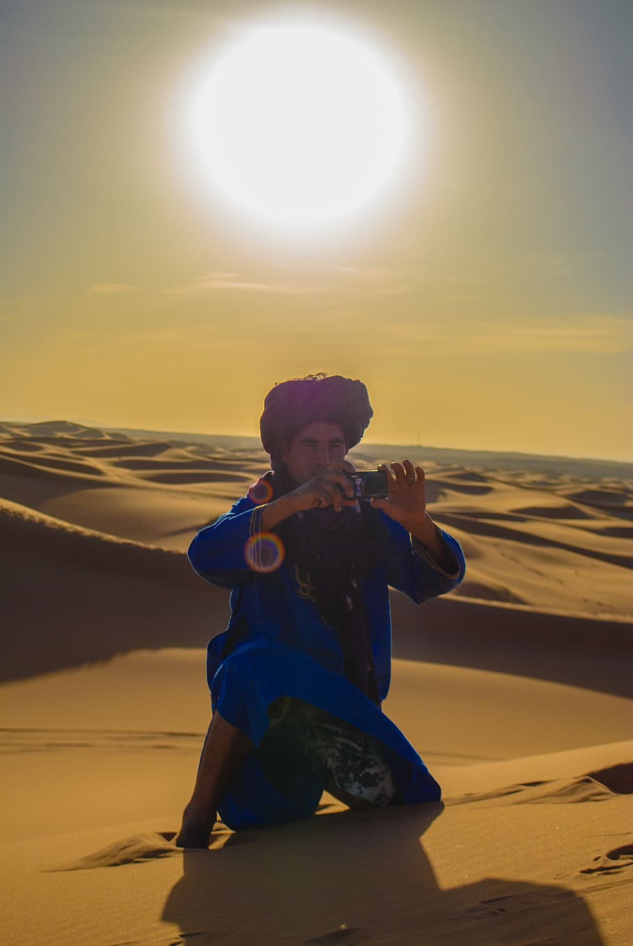 sunset, desert, morocco, native, camera, ball-of-light, one person HD wallpaper