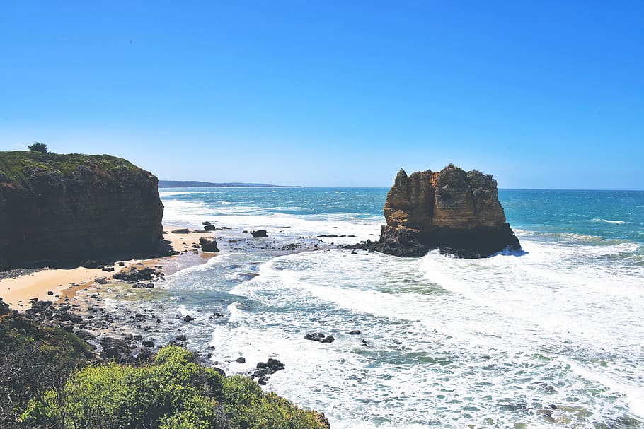 Body of Water, beach, cliff, coast, daylight, landscape, mountain HD wallpaper