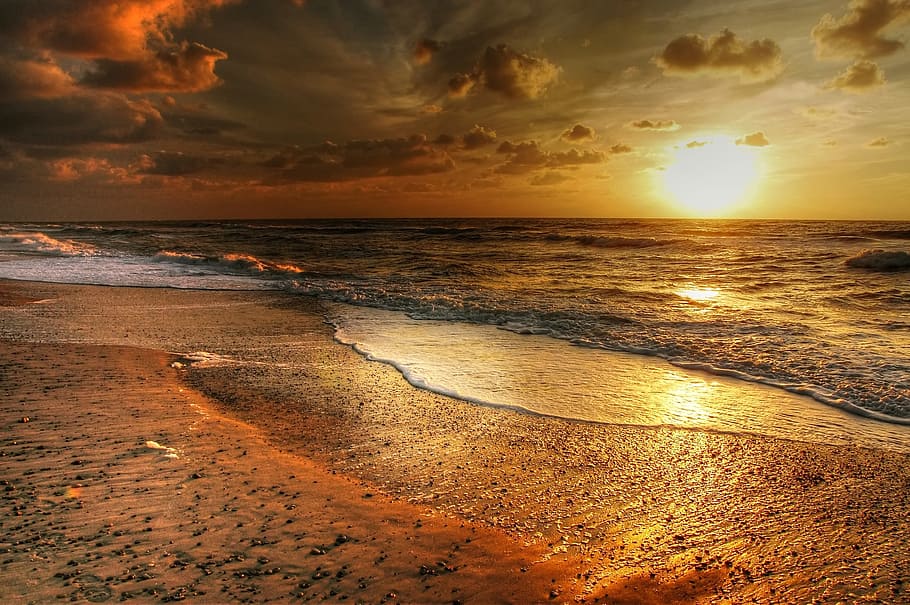 beach, seashore, water, flow, ocean, sunset, nature, landscape HD wallpaper