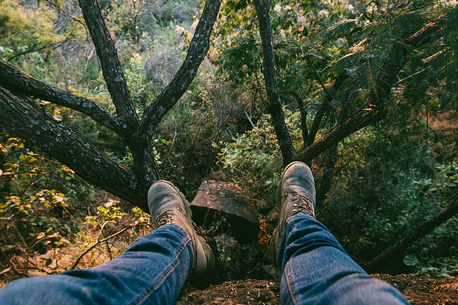 man sitting on brown soil, low section, shoe, personal perspective HD wallpaper