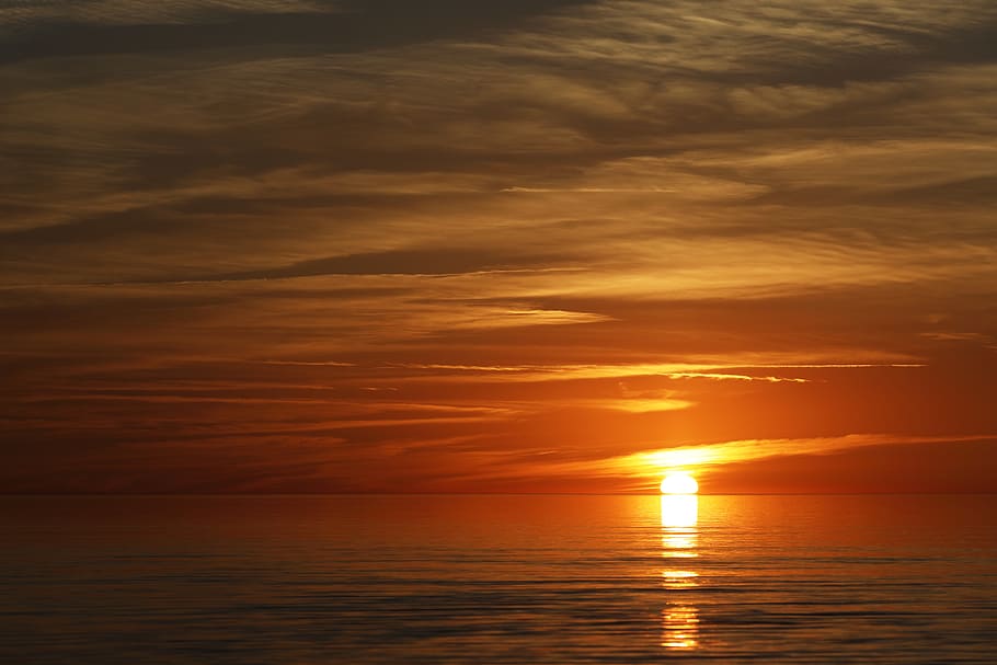 sunset, clouds, landscape, sea, sky, orange, evening, water HD wallpaper