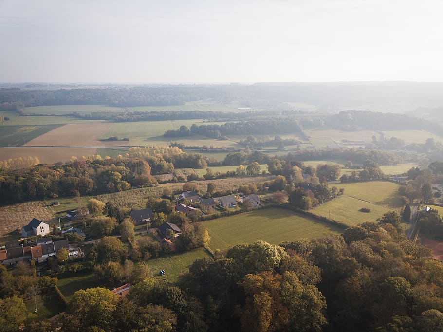 Aerial View of City, clouds, cropland, daylight, drone footage HD wallpaper