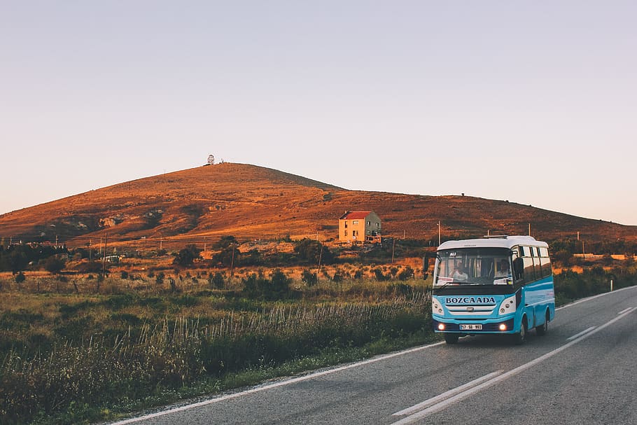 blue bus on road during daytime, transportation, vehicle, way, HD wallpaper