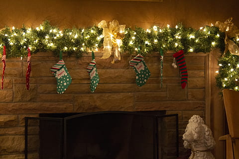 string lights with christmas socks on wall, plant, tree, indoors HD wallpaper