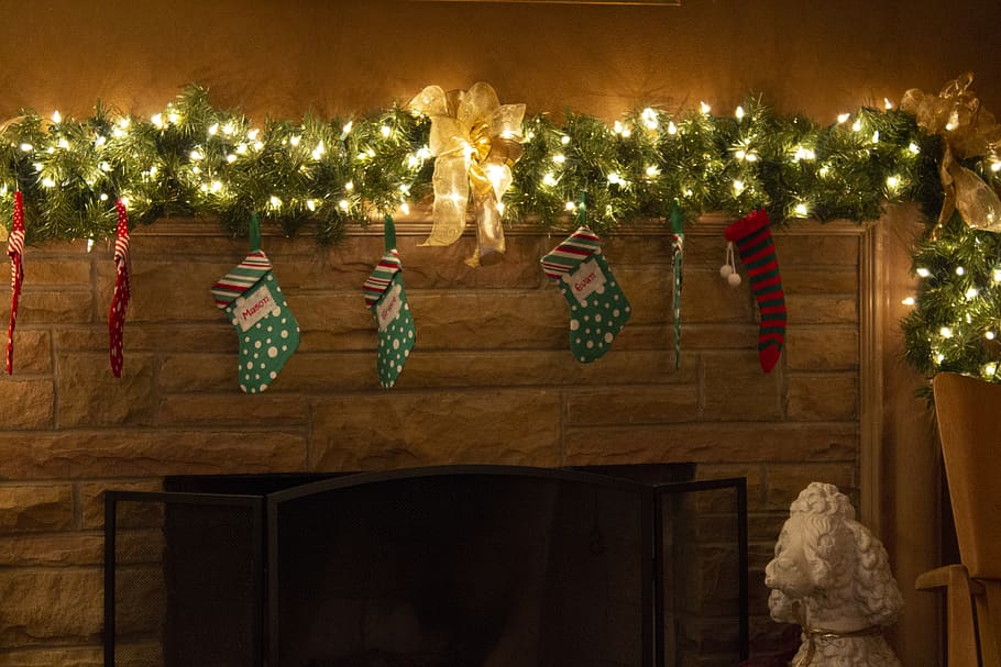 string lights with christmas socks on wall, plant, tree, indoors HD wallpaper