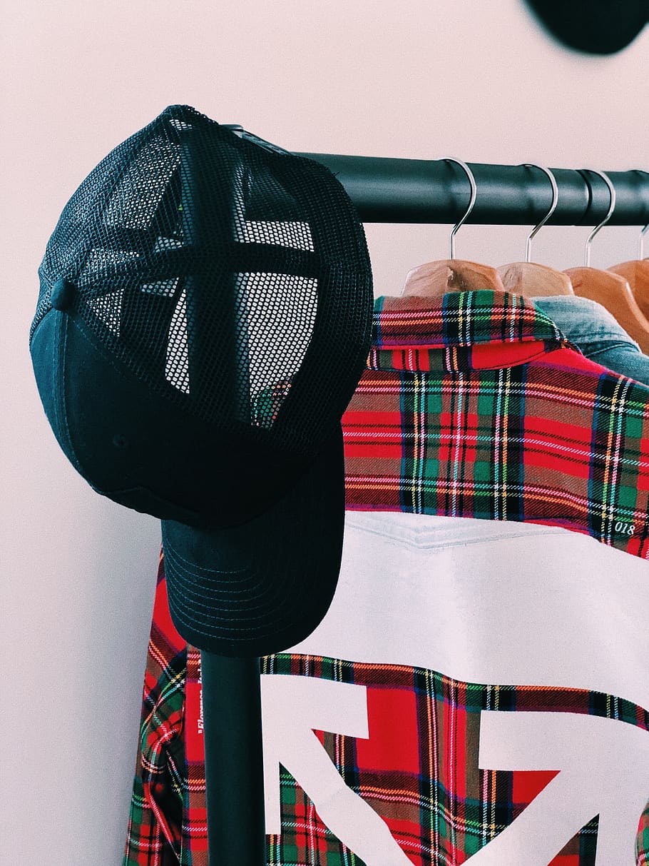 black mesh cap, apparel, clothing, tartan, plaid, off-white, fashion