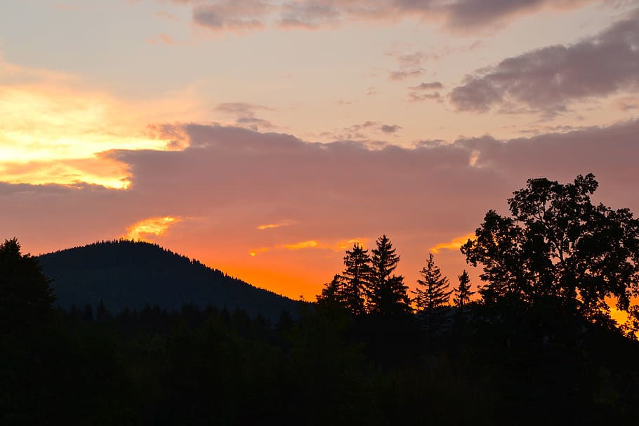 sunset, giant mountains, sky, landscape, tree, beauty in nature HD wallpaper