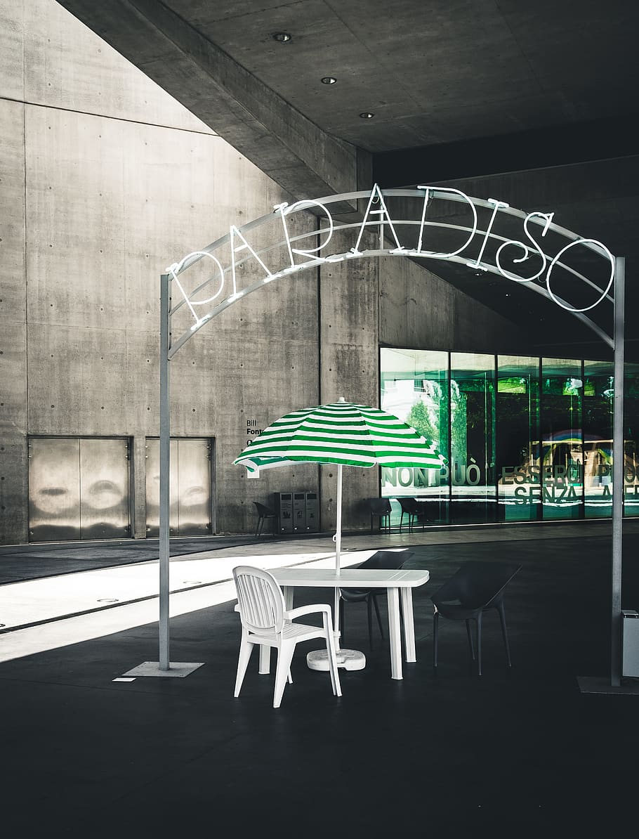 gray Paradiso signage, seat, chair, empty, architecture, built structure HD wallpaper