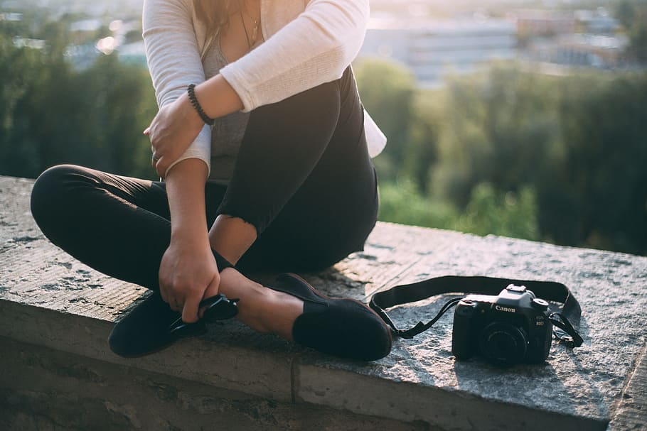 Woman Sitting Beside Black Canon Dslr Camera, digital camera HD wallpaper