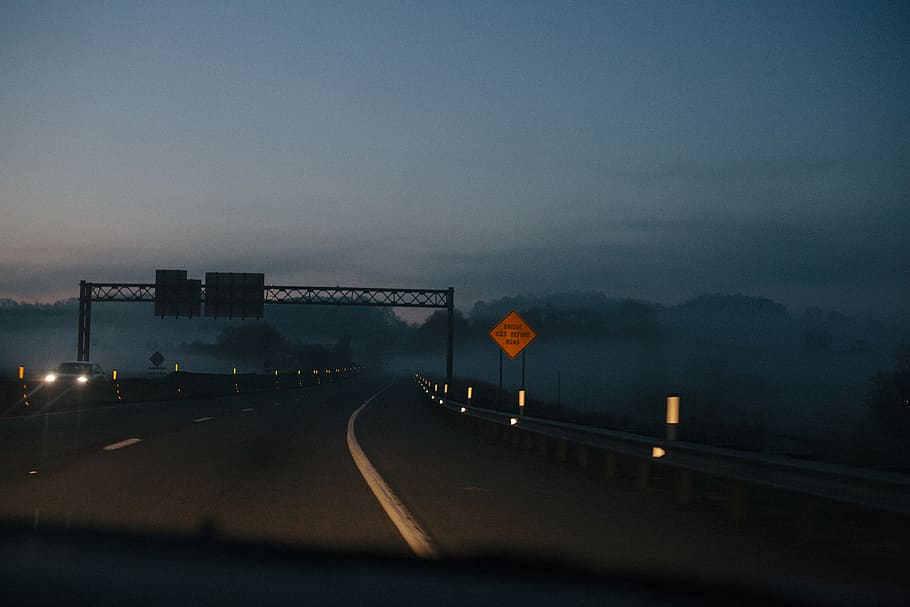 transportation, sky, illuminated, dusk, road, sign, nature HD wallpaper