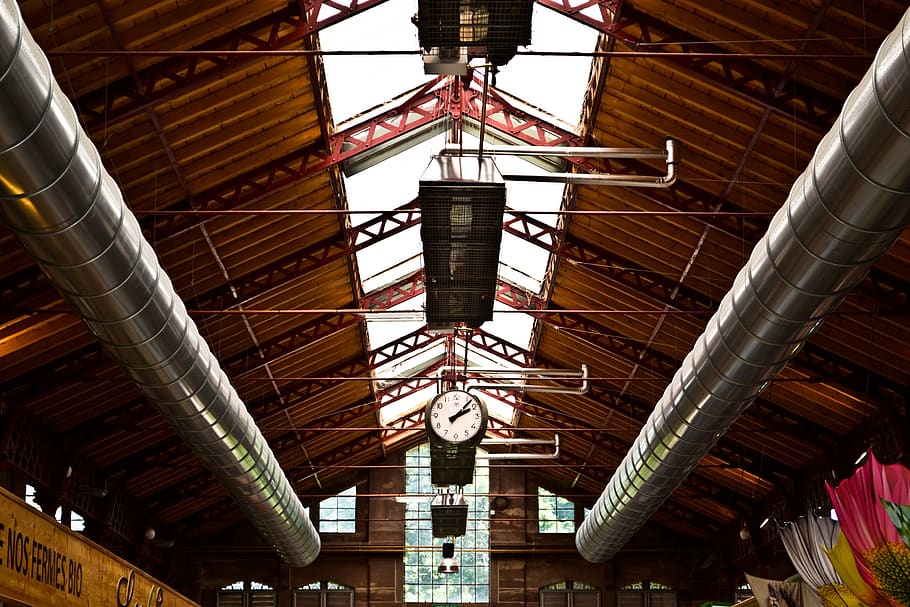 ceiling, hall, clock, architecture, building, interior, structure HD wallpaper