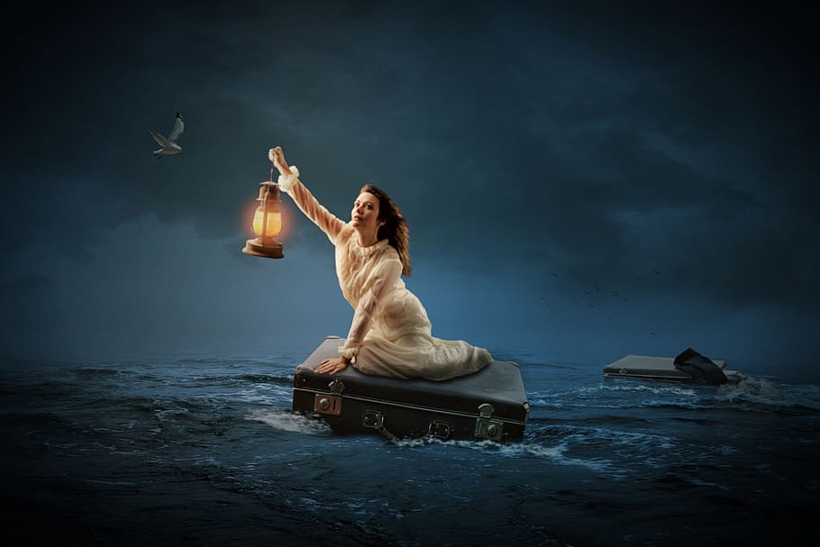 woman, human, water, sea, climate, luggage, lamp, light, rescue, HD wallpaper
