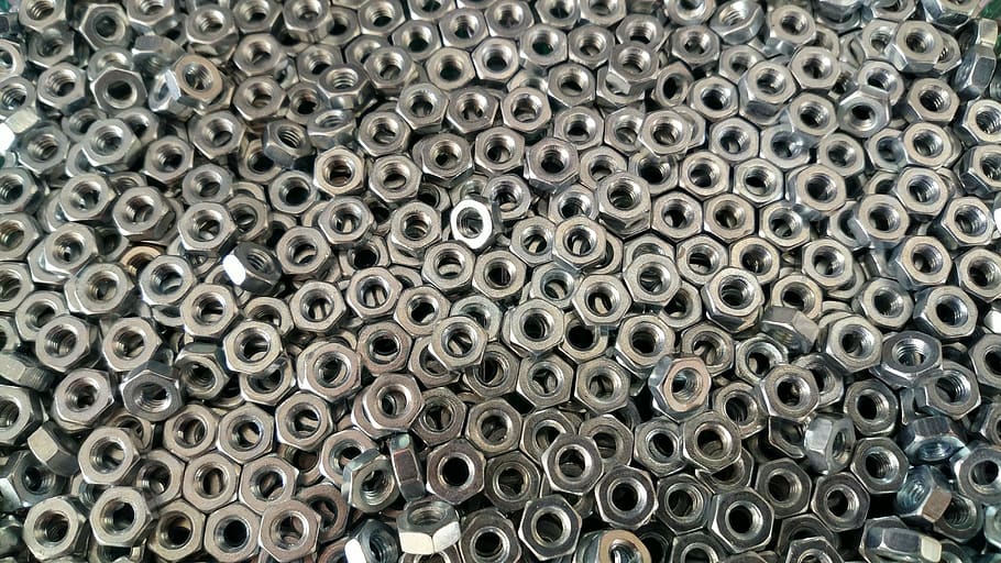 Pile of Silver Hex Nuts, alloy, aluminum, close-up, design, equipment, HD wallpaper