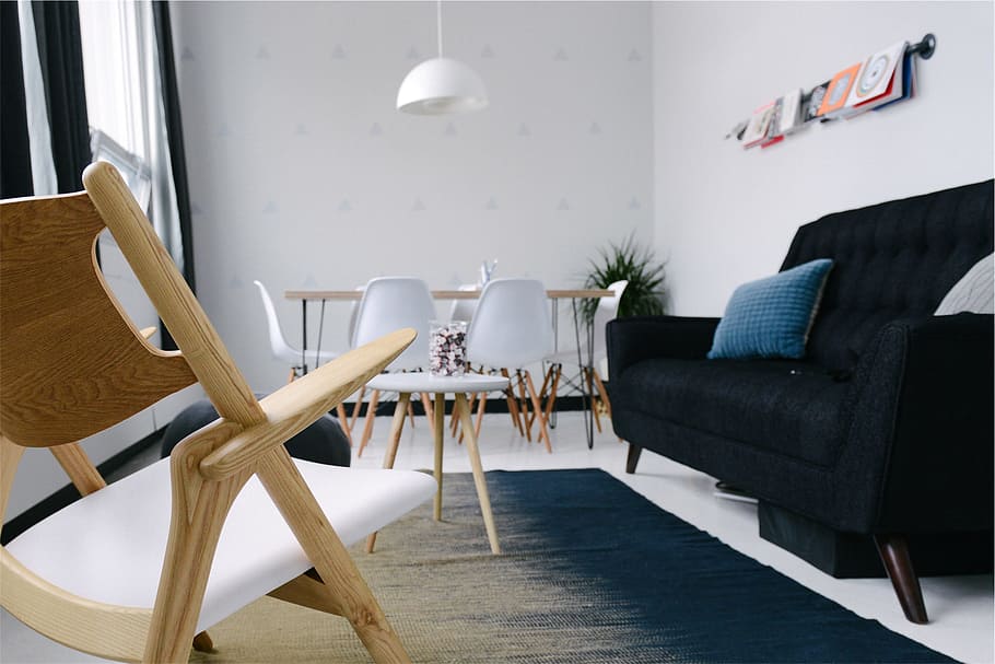 decor, interior design, couch, tables, chairs, rug, pillows HD wallpaper