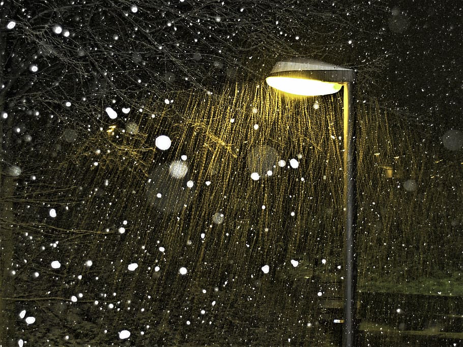 snow, night, lamp, light, illuminated, snowing, winter, lighting equipment HD wallpaper