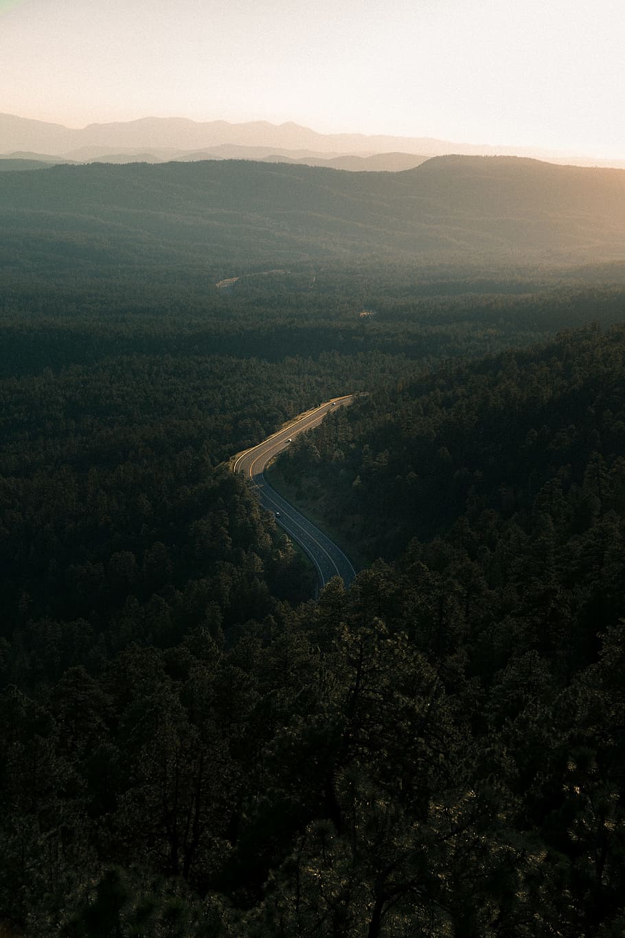 mountain road, forest, street, sunlight, shadow, ridge, layer HD wallpaper