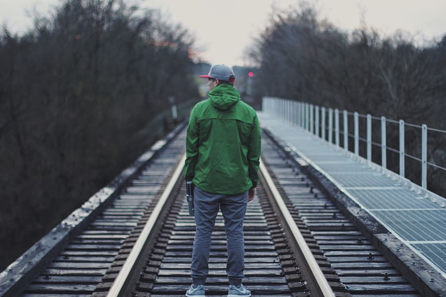 train, railroad, hat, green, trees, lightsaber, explore, rear view HD wallpaper