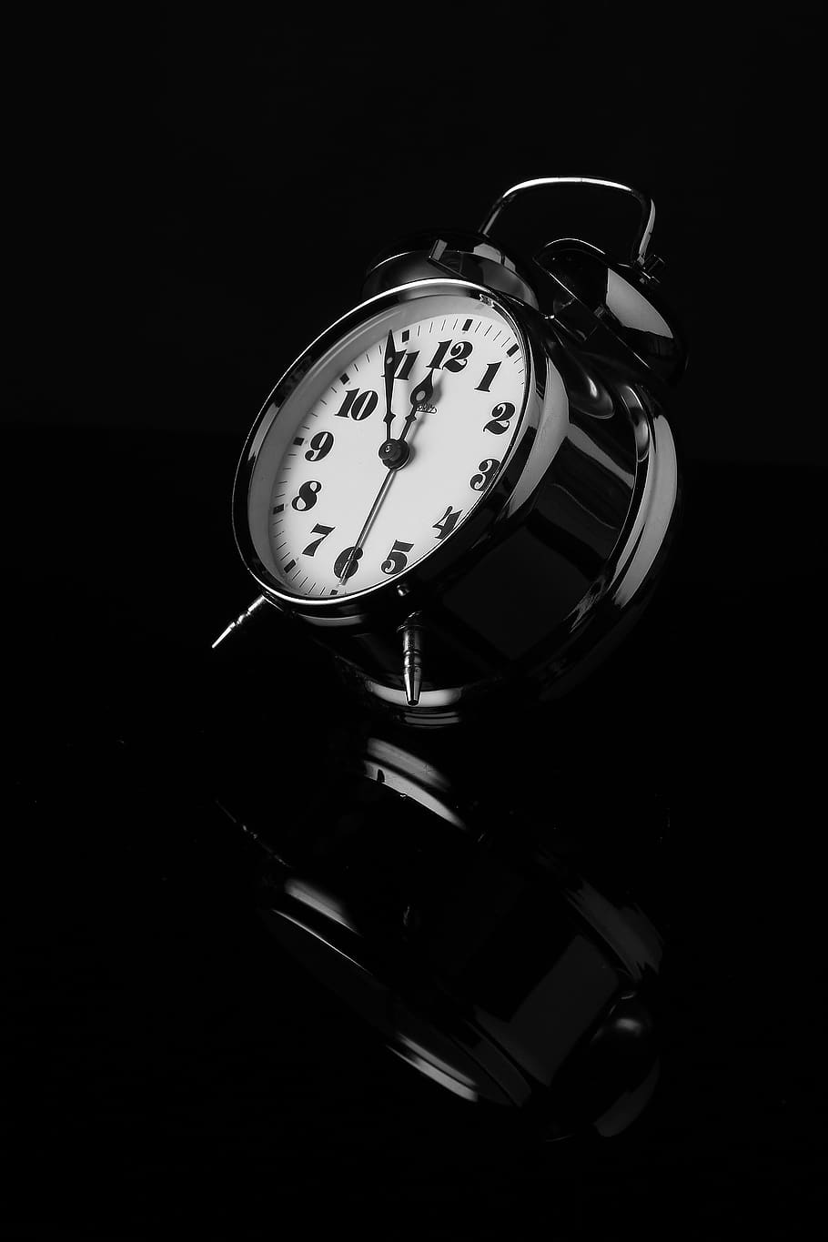 Black Analog Alarm Clock, black-and-white, reflection, time, indoors