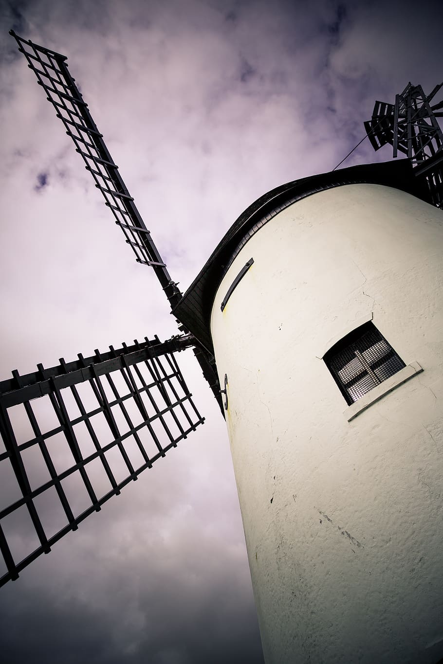 White Wind Mill, clouds, dutch, grey sky, moody, technology, vintage HD wallpaper