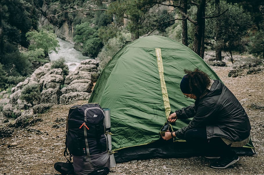 Person Beside Tent, adventure, backpack, backpacker, camp, camper HD wallpaper