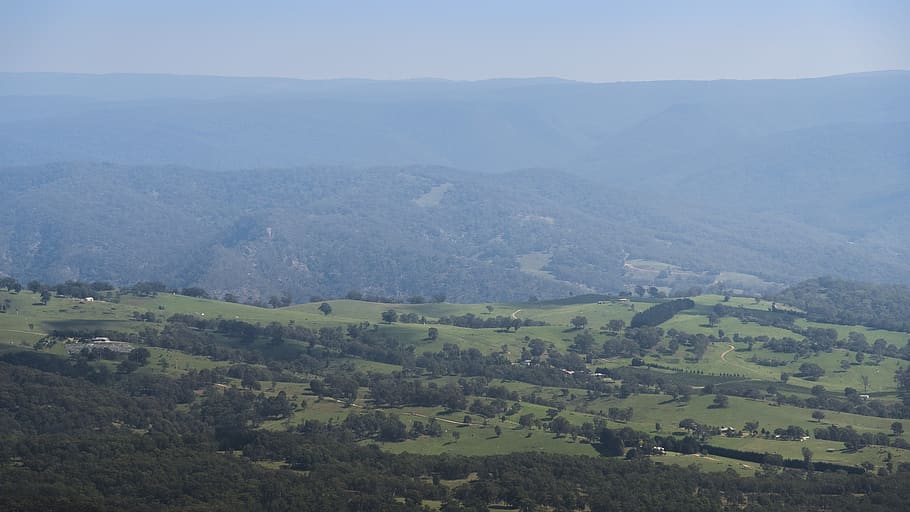 australia, megalong valley, sky, blue, mountains, field, road, HD wallpaper