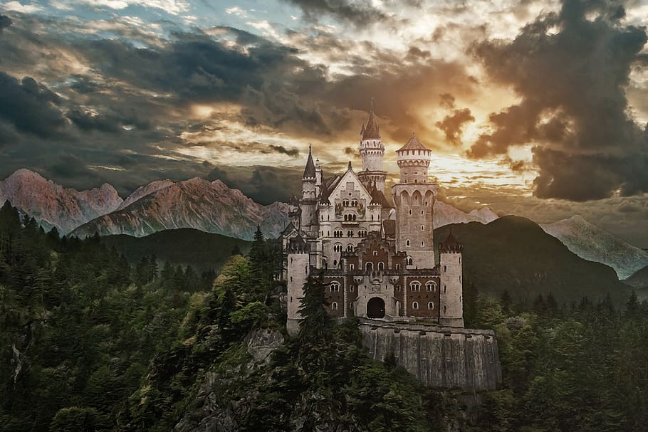 castle, fantasy, clouds, sun, landscape, mountains, sky, dramatic sky HD wallpaper