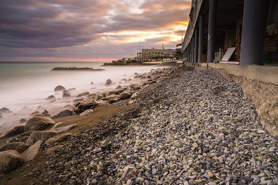 Photography of Rocky Shore, beach, clouds, cloudy, dawn, horizon HD wallpaper
